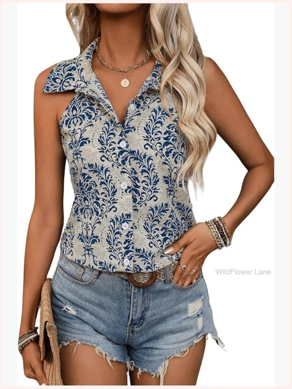 Sleeveless Collar Button Down Blouse Print Boho Summer Tank Tops